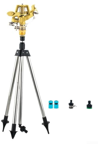 Arroseur à trépied rotatif à 360° en acier inoxydable pour grande surface d'irrigation de pelouse et de jardin, réglable de 48 à 94 cm de hauteur, convient pour tuyau de 1,9 cm