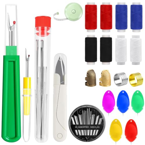 47 Piezas Kit de Agujas de Coser a Mano, 25 Piezas Agujas de Ojo Grande en 5 tamaños, Con disco de aguja, hilo, destornillador, destornillador, dedal, tijeras, cinta métricar, perfectas para coser
