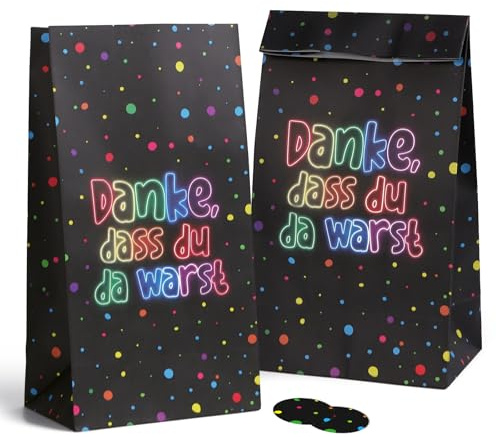 COMOOKA 12 Stück Neon Party Geschenktüten Kindergeburtstag 24x13x8cm Mitgebsel Tüten mit 12 Aufklebern Geburtstagstüten Kinder Papiertüten zum Befüllen für Give Aways Partytüten