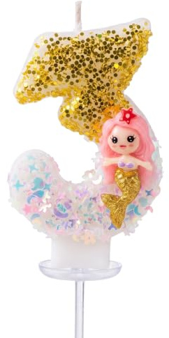 YUGYNE Vela de Cumpleaños Número 3 con Diseño de Sirena, Decoración para Tarta de Fiesta Temática Infantil y Aniversarios, Vela Decorativa con Purpurina para Niñas, 1 Pieza