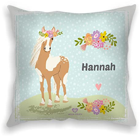 wolga-kreativ personalisiertes Kissen Pony 40x40 cm – Kuschelkissen mit Namen & süßen Kindermotiven – Geschenk zur Geburt, Taufe & Geburtstag –Flauschiges Babykissen – Handmade in Deutschland