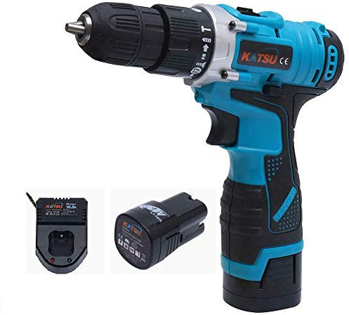 KATSU Cordless Impact Hammer Drill Driver 16.8V 10mm Keyless Chuck, 2 Gear Speed, LED Light and 2 X 1.5Ah Batteries Included, for Wood Cement Concrete Ceiling Brick Wall 102374
