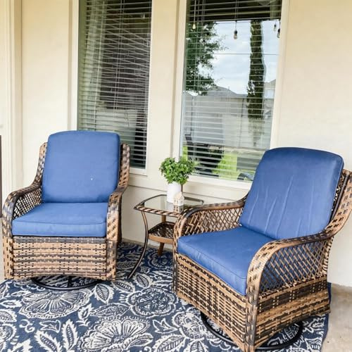 PHI VILLA Oversized Outdoor Swivel Rocker Chairs Set 3 Piece with 1 Table and 2 Rocking & Swivel Chairs Support 350lbs Navy Blue Wicker Outdoor Furniture Patio Conversation Set