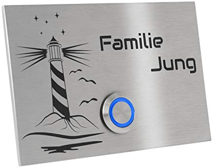 Jung-Edelstahl-Design Türklingel mit Gravur Motiv Leuchtturm. Klingelplatte 12x8 cm. Led Klingeltaster weiss. Klingelschild V2a Edelstahl. (Taster blau)