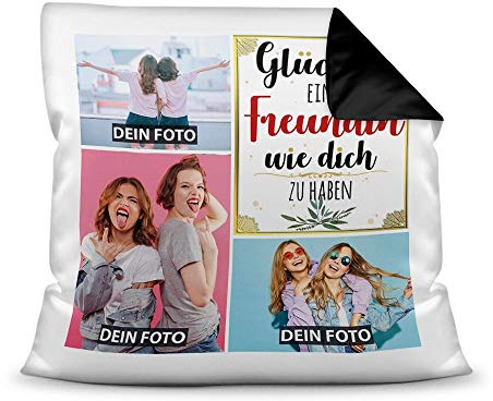 Print Royal Kissen mit Füllung - Fotocollage selbst gestalten mit Spruch für Freundin - GLÜCK - mit DREI eigenen Fotos - Geschenkidee Fotokissen - Farbkissen Rückseite Schwarz
