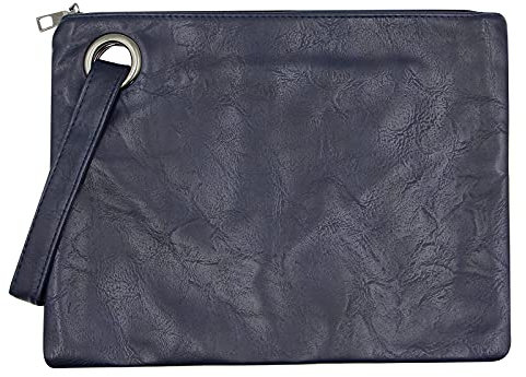 C.C-US Women Oversized Envelope Handbag Soft Leather Clutch Evening Bag Purse with Wrist Strap, Navy Blue, One Size,