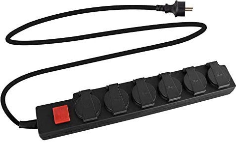 Stagecaptain OPSS-6 BK Regleta Exterior de 6 Tomas - 230 V / 16 A - Protegida contra cuerpos extraños y Salpicaduras según IP44 - Ideal para jardín y Bricolaje - con Interruptor y Tapas