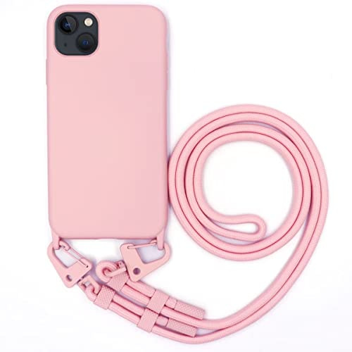 GoodcAcy Custodia Compatibile con iPhone 13 Mini, Custodia da Collo per Smartphone,Cover con Cordoncino da Indossare Cordino Laccio Morbido Silicone Necklace Bumper Case - Rosa