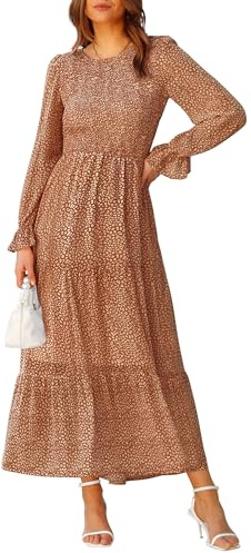 BTFBM Vestido Casual de Manga Larga con Cuello Redondo para Mujer, Estilo Bohemio, Ajuste Relajado, Floral, Vestido de cóctel Escalonado, marrón (Floral Brown), Large