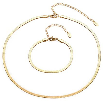 Aleasha 2 Stück 18 Karat Vergoldet Schlangenkette Armband Set Damen Edelstahl FischgräTen Halskette Schmuck Geschenk