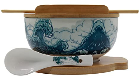 XWORLD Japanskt keramiskt ramen-nudelskålar set med keramisk sked, bambuätpinnar, lock och grytunderlägg, serveringskapacitet på 958 ml, mikrovågsugnssäker (8,4 cm x 16,8 cm D) (blått hav)