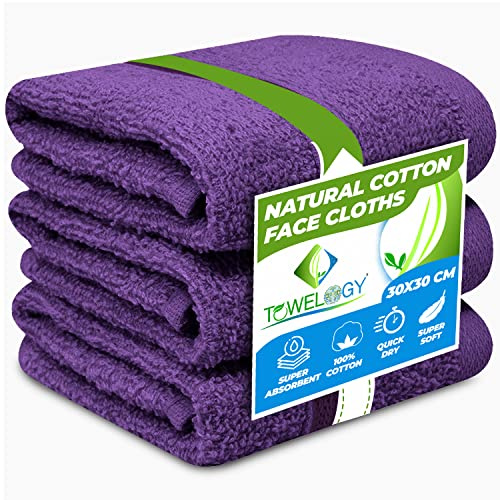 Towelogy® Premium Flannel Face Cloth 3-Pack 100% Egyptian Cotton Ring Spun Super Soft Washcloth 30x30cm for Cleansing Makeup Remover Spa & Gym Face Towels (Plum Purple, 3)