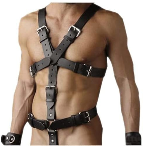 Harness Männer Leder Geschirr mit Handschellen & Penisring ,Gothic Kleidung | Herren Punk Body Brust,Männer Bandage Kostüme Herren Sexy Sklave Clubwear,BDSM Fesseln Sexspielzeug für Paare Extrem Sex
