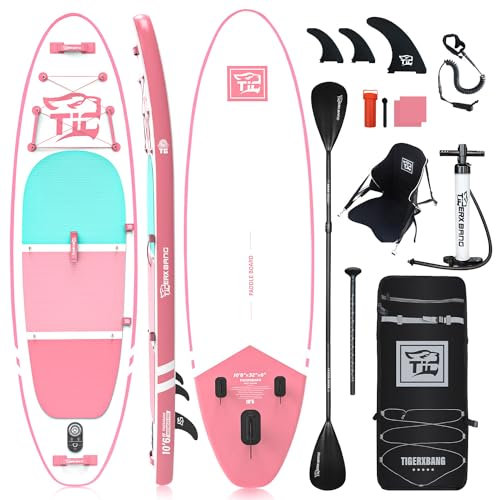 TIGERXBANG SUP Boards Stand Up Paddling Board 320x82x15cm, aufblasbare Paddle-Boards mit Doppelschläger-Paddel, Kajak-Sitz, Defender-Pro-Kollektion Rosa