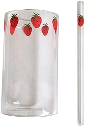 Milageto Vaso de Vidrio Taza Transparente para Beber Leche Tazas para Leche Bebidas frías, Fresa