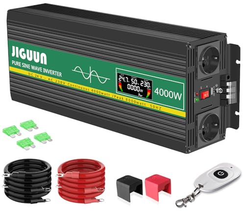 JIGUUN 4000W Convertisseur 24V 220V Pur Sinus Onduleur transformateur | Puissance crête 8000W avec Télécommande sans Fil Écran LCD 2 Prises EU 1 Port USB pour Voiture Camping Voyage Urgence