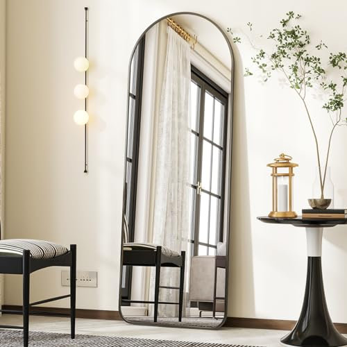 Koonmi 53 x 163 cm Gewölbter Top Ganzkörperspiegel mit Runden Ecken - Ganzkörperspiegel Groß Frei Stehend-Hängend-Lehnend, Boden Standspiegel als Ankleidespiegel für Wohnzimmer, Schwarz