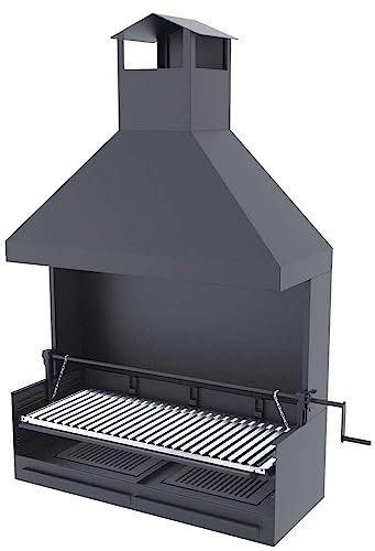 Barbacoa de carbón y leña Parrilla de acero inoxidable de 100 cm – Con elevador, paravientos y campana
