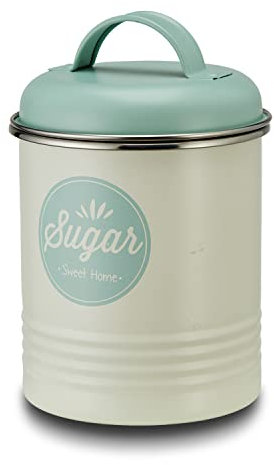 for friends KHG Zucker Vorratsdose Sixties Vintage Boho, Aufbewahrung in Beige & Grün, „Sugar“ Zuckerdose Metall luftdicht, 1 Liter Kapazität, Deckel mit Henkel-Griff