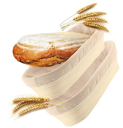Robin Goods® 2x Gärungskorb mit waschbarem Leineneinsatz - Gärkörbchen aus natürlichem Peddigrohr - Brotkorb zum Brotbacken - ovale Brotform - Bäckerleinen (Gärkorb oval - 2 Stück)