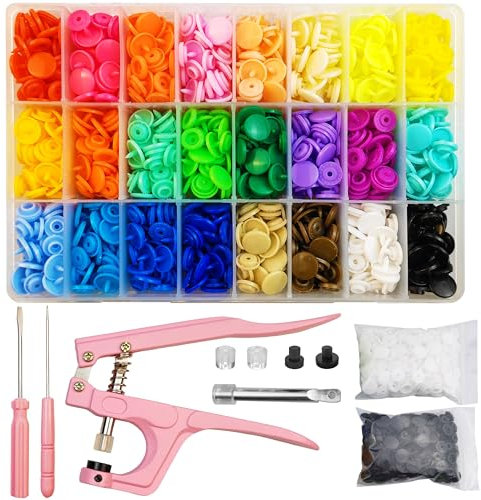 ChaliGoo 460 Sets T5 Plastic Snap Fasteners with Upgraded Pink Pliers, 24 Colors Snap Buttons Press Studs, Poppers Fasteners Kit for Sewing, Crafting - 12mm