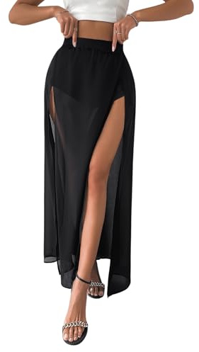 GORGLITTER Damen Mesh Rock Mit Hose Lang - Festival Rock Mit Schlitz Netzstoff Schwarz XL