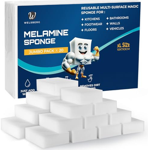 Welsberg 20x Magic Eraser Sponges 3.9x2.7x1.2 inches, White Melamine Miracle Cleaning Pads for White Walls, Floors, Shoes, Kitchen, Bathroom, Household, Multi-Surface Sponges, Strong Cleaning Power