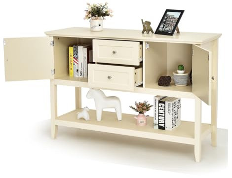 KOMFOTTEU Sideboard Kommode Holz, Buffetschrank mit 2 Schubladen & Schrank, multifunktionaler Küchenschrank Esszimmerschrank 117 x 38 x 86,5 cm, Milchweiß