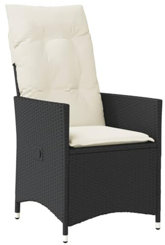 vidaXL Gartensessel Verstellbar mit Kissen, Gartenstuhl mit Stahlrahmen, Loungesessel für Außenbereich, Relaxsessel, Schwarz Poly Rattan