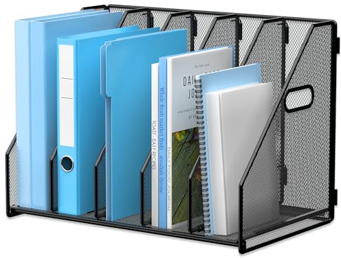 MINDEPOT Desk File Organizer Metal Desk Magazine Folder Holder with 5 Vertical Compartments Rack File Organizer for Office, Home, School, Black