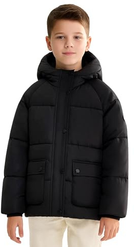SOLOCOTE Boys Winter Coat - Hooded Pockets Heavyweight Water-Resistant Windbreak Puffer Jacket Black 11-12Y