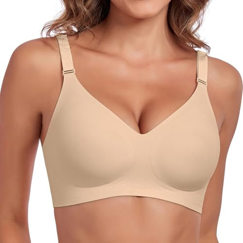 Litthing Comfort Seamless Bra Non Wired Push Up Adjustable Straps Padded Bras for Women Ladies Wireless Support V Neck Anti Sagging Breast Soft Sleep Everyday T Shirt Bralettes with Extender