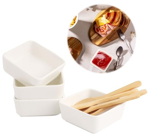 JTgugu Juego de 4 cuencos de cerámica para salsas con cuchara de madera, cuencos pequeños para salsas, cuencos de postre, cuencos cuadrados para postres, para salsas, barbacoas, postres, sushi, soja,