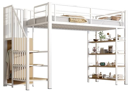 Azkoeesy Metall Hochbett 90x200 cm, Kinderbett mit Treppe und Kleiderständer, Einzelbett, Jugendbett, Etagenbett, mit Fallschutz und 4 Bücherregale, für Jugendliche und Erwachsene, Weiß