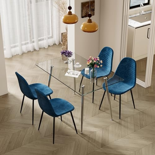 GOLDFAN Esstischset mit 4 Stühlen, rechteckiger Glastisch, minimalistisches Design, geeignet als Esstisch für die Küche