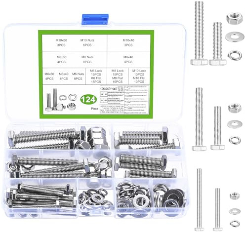 124 Pcs M6 M8 M10 Hex Bolts and Nuts Set, Stainless Steel Assorted Nuts and Bolts and Flat & Lock Washers Assortment, Outer Hexagon Machine Screws for Home Bike Repair