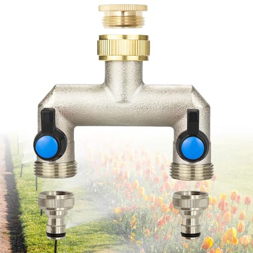 2-Wege Wasserhahn Wasserverteiler, Messing Wasseranschluss Verteiler, Gardena Wasserverteiler mit 2 Stück 3/4 auf 1/2 Adapter zum Einstellen und Absperren des Wasserflusses, für Gartenschläuche