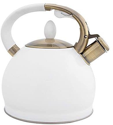 3L Grande bouilloire blanche pour cuisinière sifflante en acier inoxydable théière de bronze électroplate ergonomique