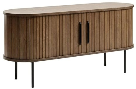 Pemberly Row Contemporary TV Stand, Smoked Oak Finish, 71 W x 15.75 D x 22 H, Sliding Tambour Doors, Adjustable Shelves, Wire Management, Modern Media Console for Living Room or Entertainment Area