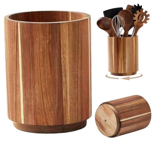 Porte-ustensiles en bois, 10,9 x 14,5 cm, rotatif à 360 °, pour comptoir de cuisine, cuillère, fourchette, outils de cuisine en bois