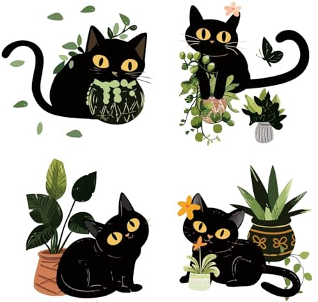 GORGECRAFT 4 Stili Adesivo per Finestra Gatto Nero 16cm Piante in Vaso Rotonde Adesivi Murali Statici Rimovibili Adesivi per Porte Scorrevoli Finestre Anticollisione Avviso Adesivo per Arredamento