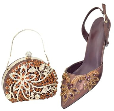FULBHPRINT Ensemble de sacs à talons nigérians de luxe pour femme avec sac en diamant style italien à bout pointu avec pochette assortie, Café pour ensemble, 40.5 EU