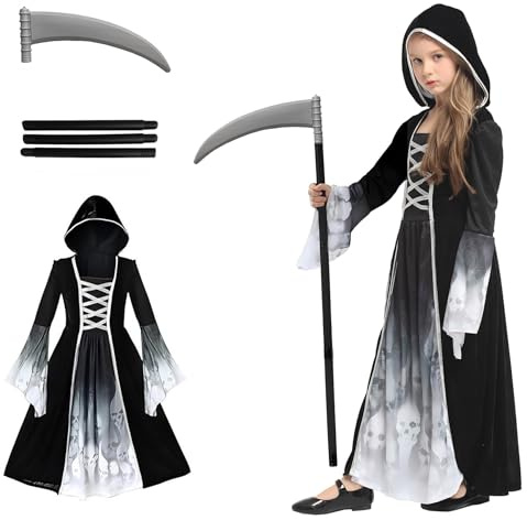 HUTRADE Costume Morte Bambina – Vestito Grim Reaper con Falce Halloween, Costume Mietitrice Ragazza in Poliestere Morbido con Cappuccio Nero, Ideale per Carnevale, Cosplay e Feste Horror (S)