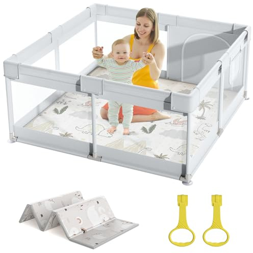 Mloong Laufstall Baby mit Matratze, 120x120 Kleines Laufgitter Baby mit Matte, Laufstall für Apartment, Laufgitter mit Atmungsaktivem Netz an Vier Seiten und Saugnäpfen（Light Grey）