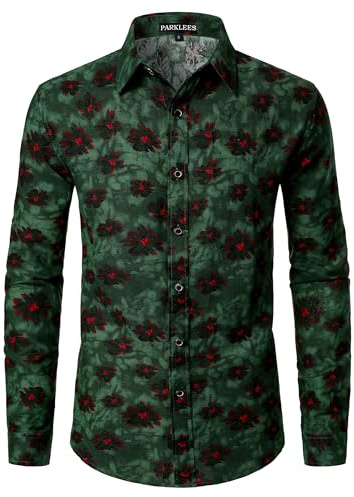 PARKLEES Men's Cotton Linen 70s Disco Retro Traditional Pattern Printed Long Sleeve Button Down Shirt
