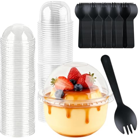 NBOUOU 50 Reuse Plastic Dessert Cups with Dome Lids and Spoons, 8 Oz Cheesecake Dessert Pots with Lids, for Weddings, Gatherings, and Parties, Pudding, Yogurt Fruit, Mousse, and Ice Cream