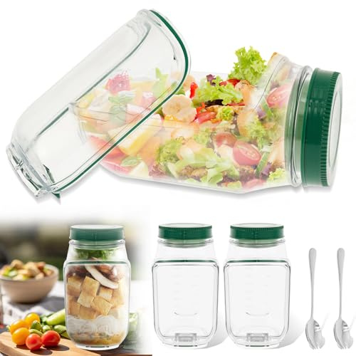2Pcs Salad Pod Jar,Vertical Layering Salad Pod Container Built-In Bowl Design,Portable Side Opening Jar Leak Proof Sauce Dressing Case,Fresh Salads Fruit Storage Jars for Office School Picnic Travel