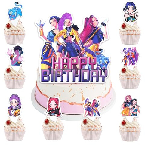 Cartoon Tortendeko Geburtstag Kinder, 24 PCS Cupcake Topper und 1 PCS Happy Birthday Kuchendecko, Anime Kuchen Deko für Junge Mädchen Kinder Geburtstag Party Dekoration Supplies
