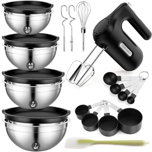 Lord Eagle 5-Speed Hand Mixer Electric Whisk 300W With 4 Mixing Bowls Set | Lightweight Kitchen Handheld Mixer with Measuring Cups & Spoons, Stainless Steel Bowls, Baking Supplies for Cake, Black