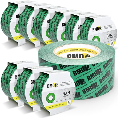 BMD san Klebeband | 10 Rollen | 60mm x 25m | für Dampfsperren & Dampfbremsen |gemäß DIN EN 4108 Teil 11 und ENEV | Profi Qualität Made in Germany
